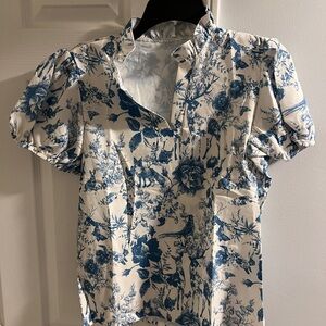 Printed Puff-Sleeve Blouse in Blue and Cream